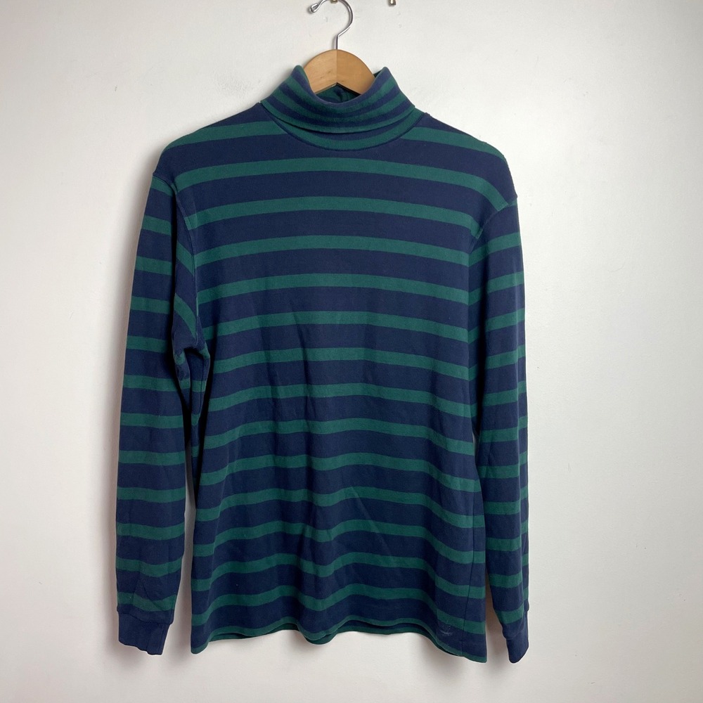 Lands End Stiped Turtleneck Large Vintage Navy Green Cotton Preppy Academia